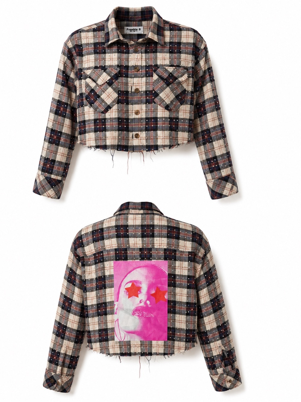 Frankie B LA Rhinestone Studded Cropped Flannel Shirt with Graphic Back Size XS